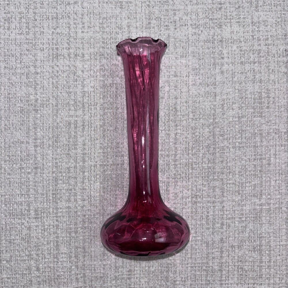 Bud Vase Pilgrim Cranberry Glass Swirl Bedford Ruffle 7" Pink Magenta Vintage